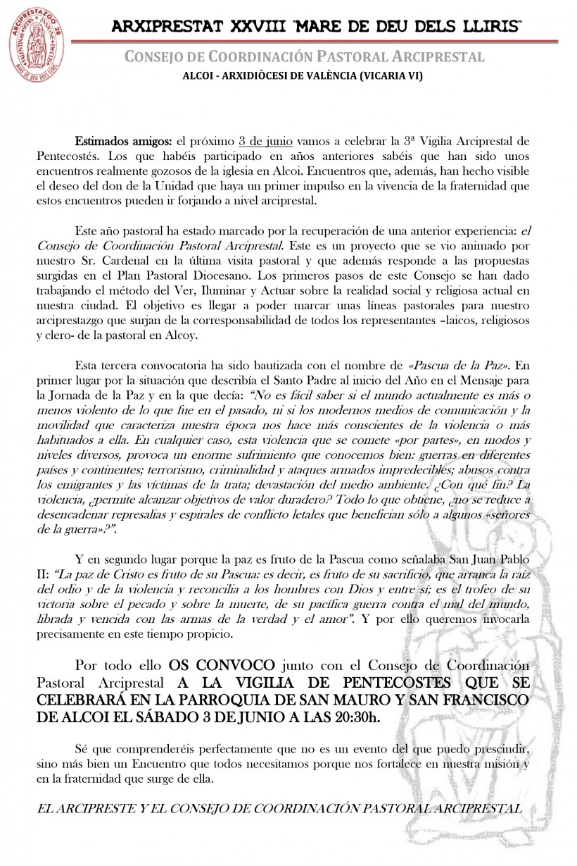 Convocatoria Vigilia Pentecostés