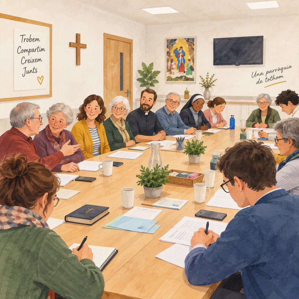Il·lustració d'una reunió del Consell de Pastoral: el rector, una religiosa i feligresos de totes les edats al voltant d'una taula llarga, amb el lema Trobem, compartim, creixem, junts