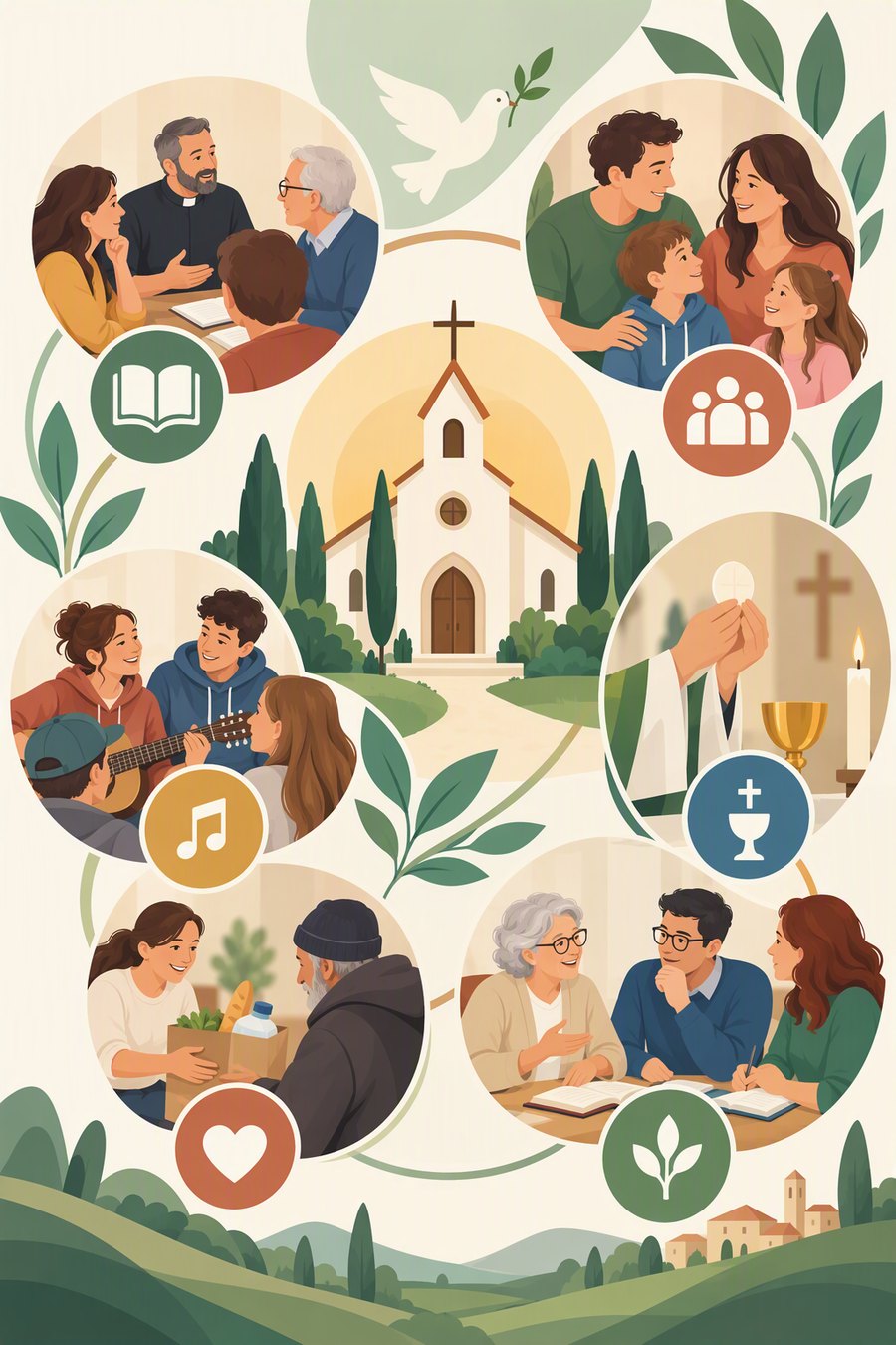 Il·lustració de la vida de la parròquia: catequesi, família, música, eucaristia, caritat i formació al voltant de l'església
