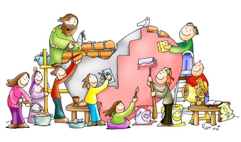 Il·lustració: persones de totes les edats construint i pintant junts una paret