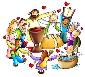 Il·lustració: persones al voltant del calze i el pa, celebrant els sacraments