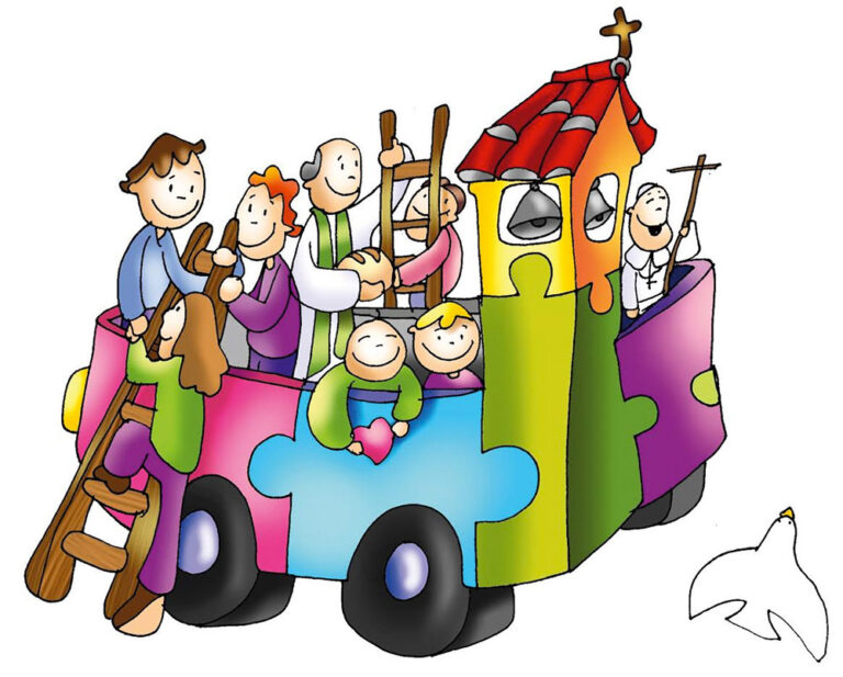Il·lustració: un vehicle de colors ple de persones i una torre d'església
